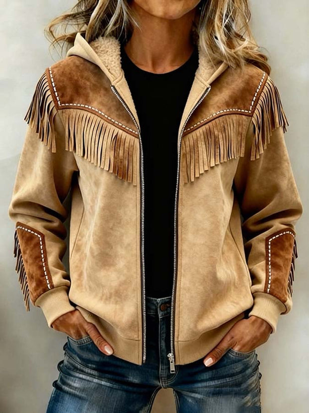 Women'S Casual Color Block Tassel Jacket