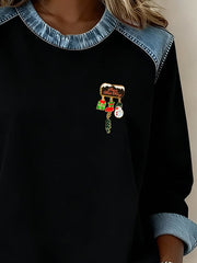 Women'S Casual Patchwork Christmas Brooch Pullover Top (Detachable Brooch)