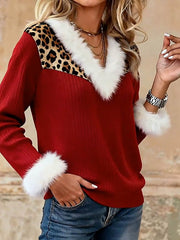 Women's Casual Christmas Leopard Print Color-Contrast Top