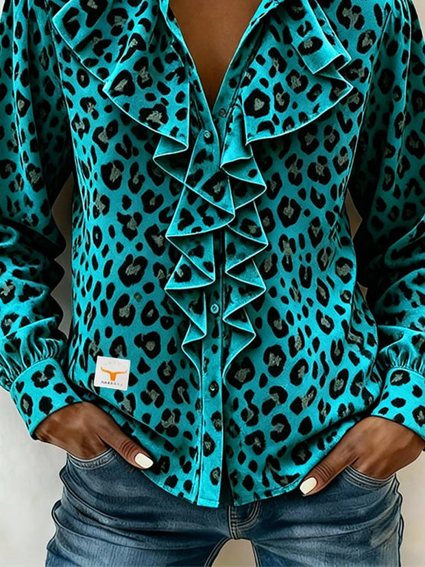 Women's Casual Collared Ruffled Velvet Shirt