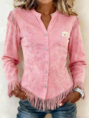 Women'S Solid Color V-Neck Long-Sleeved Tassel Shirt